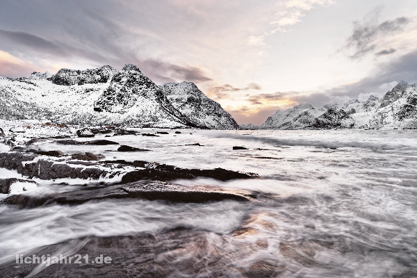 Winter landscape with water movement and full color morning light